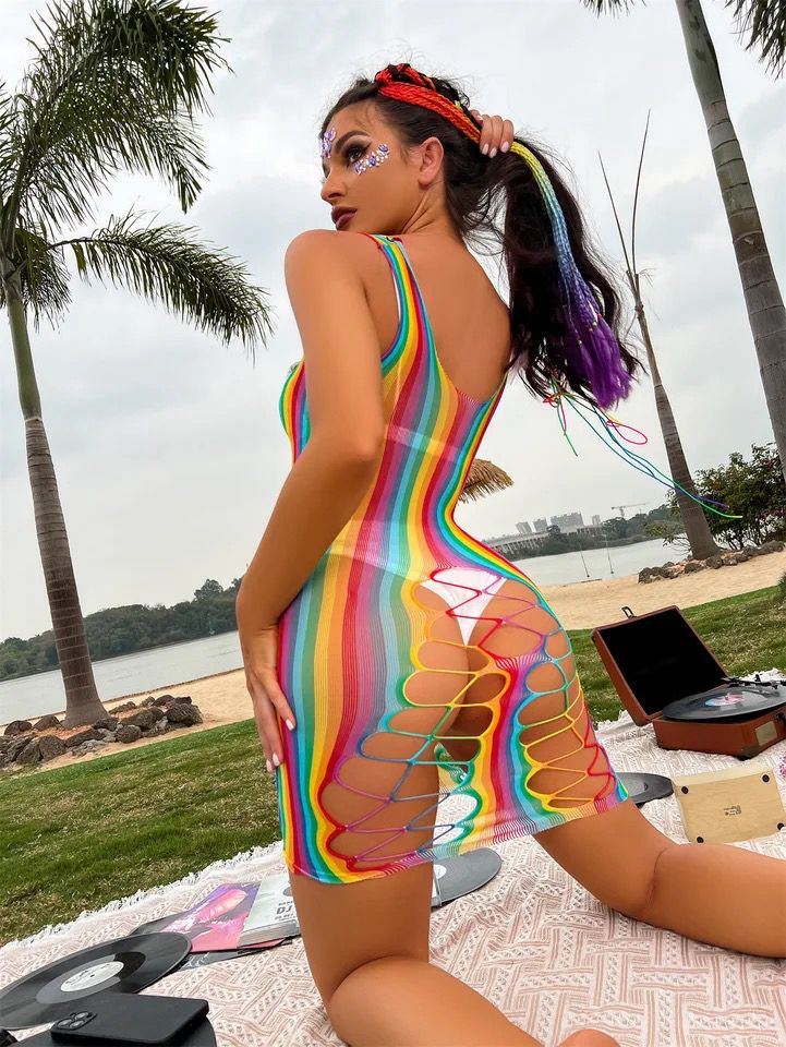 Sleeveless Rainbow Mesh Dress