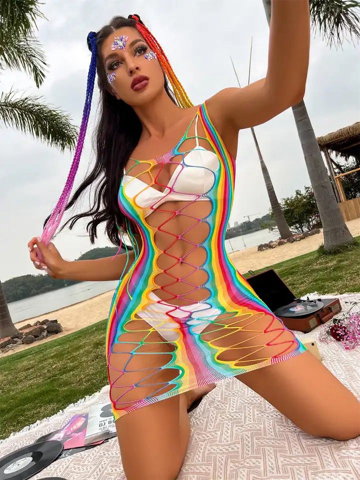 Sleeveless Rainbow Mesh Dress