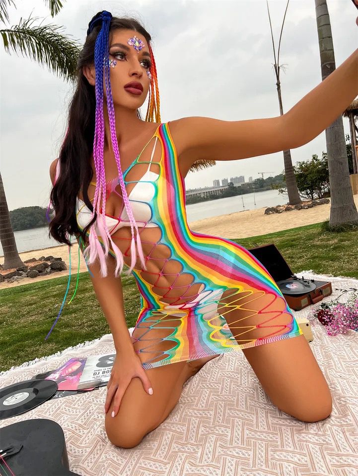 Sleeveless Rainbow Mesh Dress